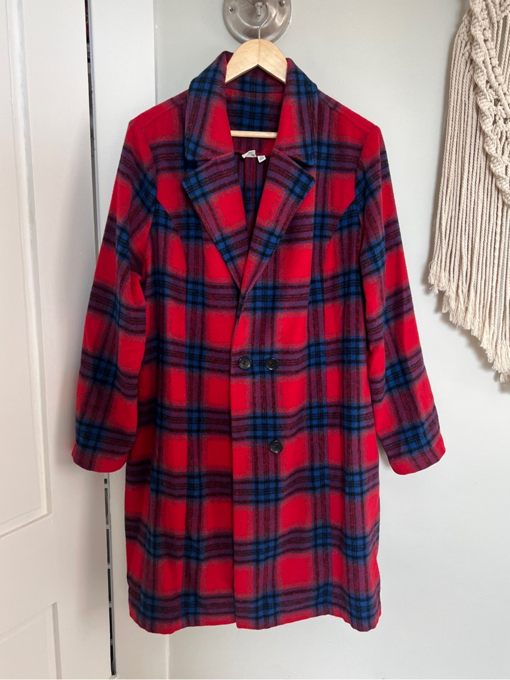 BP Red & Navy Plaid Wool-Blend Coat